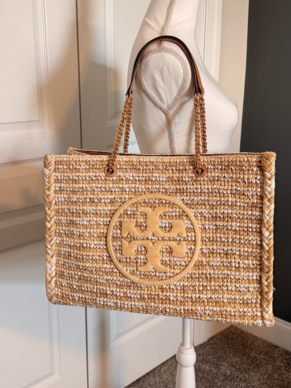 NWOT - Tory Burch Ella Raffia Tote - Cream & White - Picture 12 of 12
